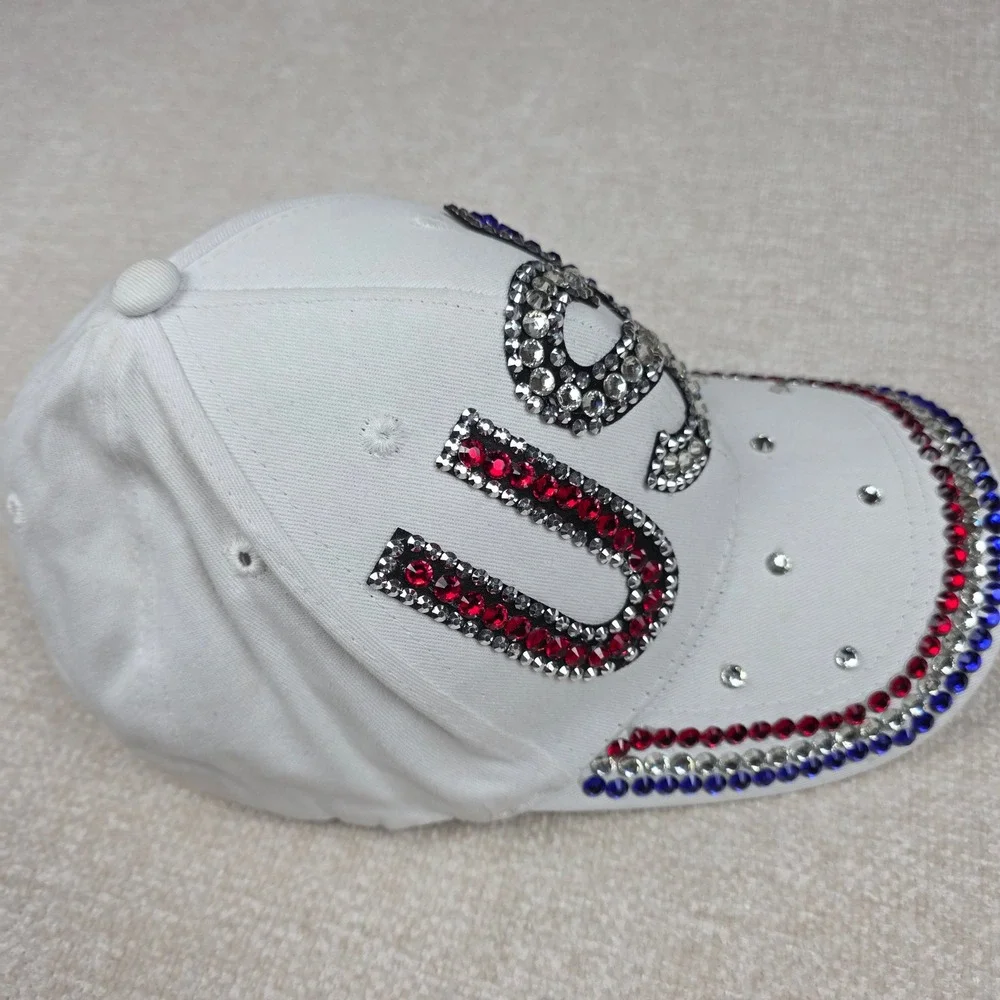 USA Rhinestone Baseball‎ Cap White Patriotic Red Blue Crystal Adjustable Hat